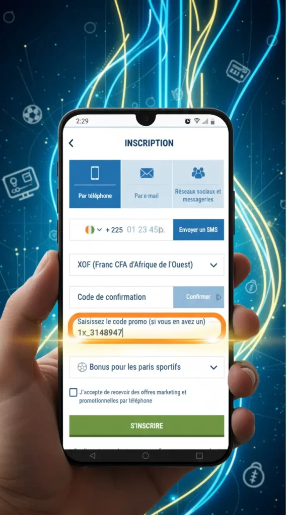 Inscription sur 1xbet via application