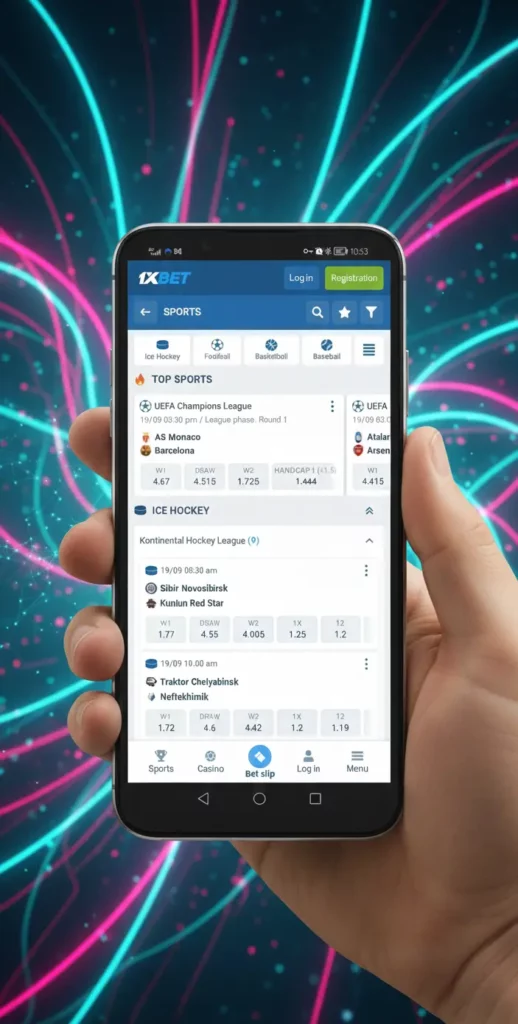Interface 1xbet mobile app